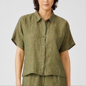 Eileen Fisher Washed Organic Linen Delave Short-Sleeve Shirt Green Sz Medium
